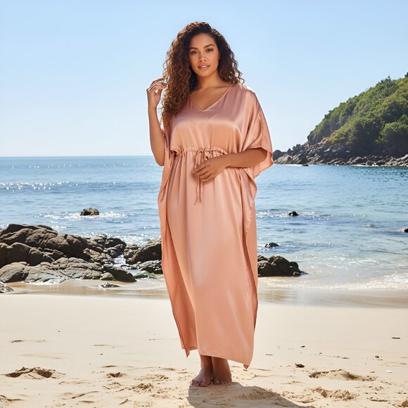 Womens Maxi Dress Kaftan Satin V Neck Sundress Plus Size Beach Cover Up Dresses - Picture 1 of 10